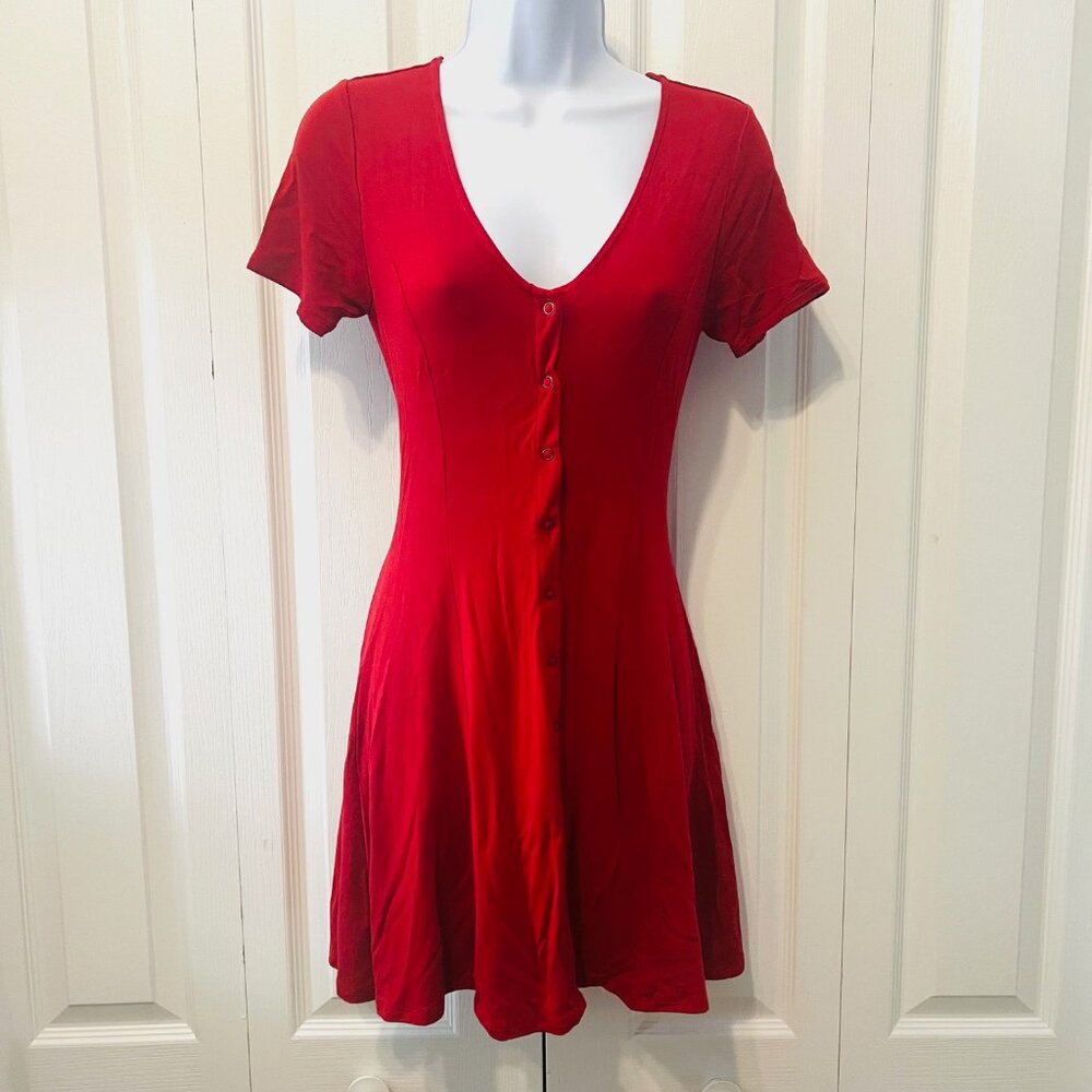 Forever 21-Small-Mini Snap Up Front Short Sleeve Dress-Belted Back-Rust/Orange - Picture 1 of 13